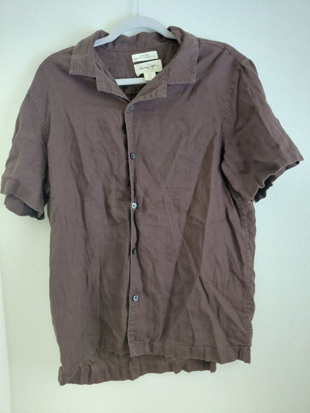 Womens Brown Linen Button Up Blouse Large Minimalist Sustainable European Flax